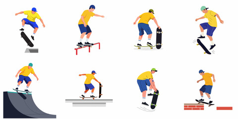 Fototapeta premium Skateboarder performing various tricks and stunts, showcasing active urban sport lifestyle and youth culture in a vibrant flat vector illustration set.