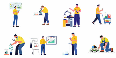 Fototapeta premium Modern scientists, engineers, and researchers perform diverse STEM activities including data analysis, laboratory experiments, robotics, and biological studies, showcasing innovation and development.