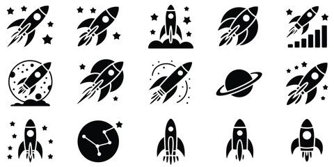 Set of Rocket Vector Icons, Featuring Launching Spaceships and Spacecraft, Fast-Flying Rockets Representing Innovation, Exploration, and New Business Startups in Vector Illustration.