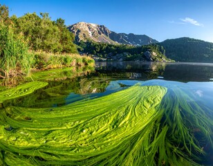 A serene lake scene with vibrant green aquatic plants and majestic mountains