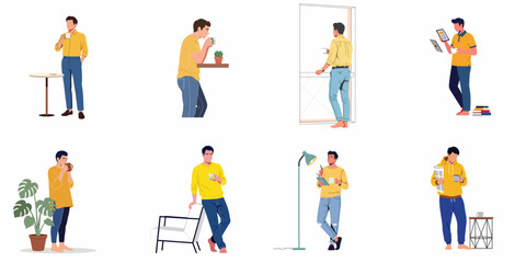 Fototapeta premium Diverse scenes of men at home, drinking coffee, using tablets, reading newspapers, and relaxing in a casual, modern style.