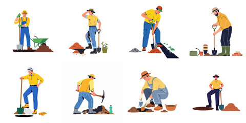 Fototapeta premium Set of diverse men performing manual labor tasks: digging, gardening, and construction work with various tools and equipment, in a clean flat illustration style.