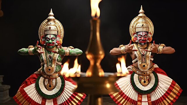 Kathakali Performers in Elaborate Costumes and Makeup Dance Beside a Traditional Oil Lamp with Fiery Flames Against a