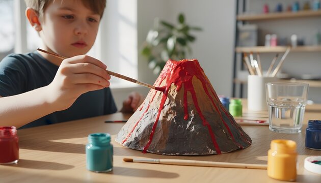 A focused kid painting a volcano model for a science education concept, fostering creativity and hands-on learning