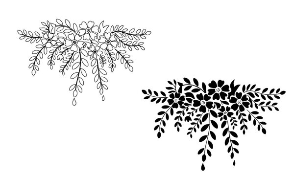 Elegant Black Floral Branch Bouquet with Delicate Flowers and Hanging Leaves Hand Drawn Sketch Illustration for Wedding and Botanical Design