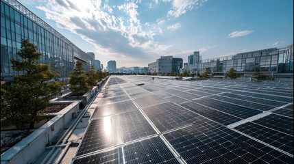 A city skyline with a large solar panel on the roof of a building. The solar panel is surrounded by trees and plants, giving the impression of a green and sustainable city