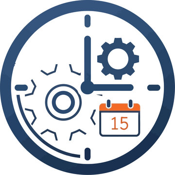 Clock face icon combines gears and a calendar date marker symbolizing effective scheduling and time management processes.