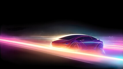 Modern abstract background featuring high-speed motion on a road with neon glowing lines and dynamic light trails. 