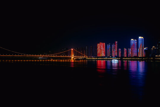 Night view of Hanyang with Changjiang Bridge Over Yangtze River, Wuhan China