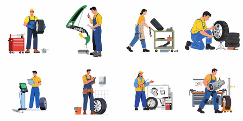 Fototapeta premium Set of diverse mechanics performing various car maintenance and repair tasks, including tire service, engine work, and diagnostics, at an auto workshop.