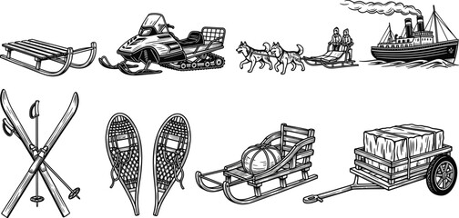 Winter, transportation, set, sled, snowmobile, husky, team, mushing, skis, snowshoes, ship, arctic, adventure, travel, equipment, collection, flavector, isolated, vector, illustration © Foredul