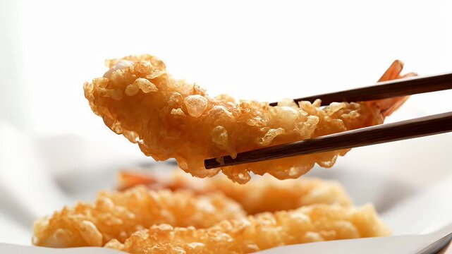 Close Up Of A Crispy Golden Brown Shrimp Tempura Held By Dark Chopsticks Over A White Bowl With More Tempura Shrimp In