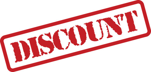 A striking red rubber stamp design featuring the word DISCOUNT diagonally on a pure white backdrop