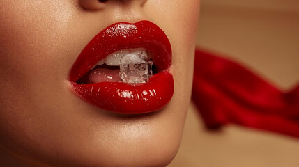 Close-up of woman's luscious red lips with a sparkling ice cube between her teeth, hinting at coolness, sensuality, and refreshment with a blurred red silk drape.