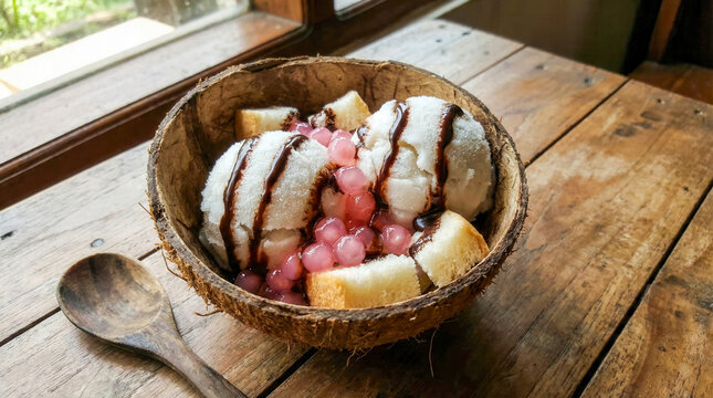 Traditional Es Puter coconut ice cream served in coconut shell, Indonesian traditional ice dessert