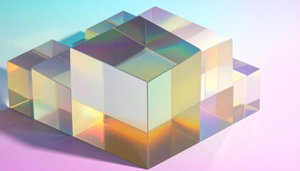 Obraz premium A surreal arrangement of transparent, iridescent cubes placed in a staggered formation on a smooth gradient background shifting from pastel pink to blue. The cubes refract and reflect light, producing