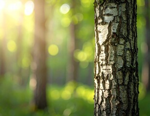 Obraz premium Sunlit Birch Tree Trunk in a Lush Green Forest.