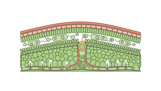 Detailed cross-section illustration of plant leaf anatomy with labeled cellular structure and veins on white background.