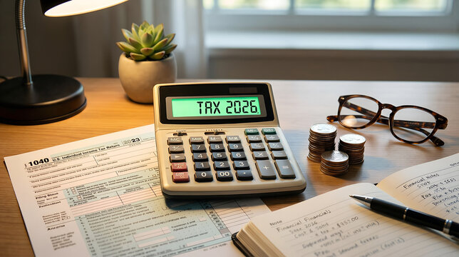 Tax planning and financial preparation for 2026 with calculator, income tax form, coins, and financial documents on wooden desk, symbolizing budgeting, filing, and fiscal strategy