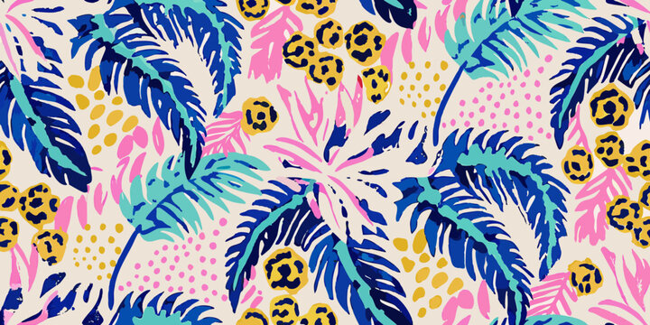 A vibrant colorful pattern featuring tropical leaves and leopard spots