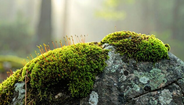 Vibrant Green Moss Thriving on a Rock in a Misty Forest Landscape.