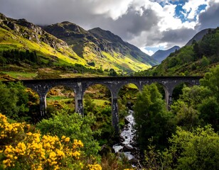 A serene landscape with a stone bridge spanning a river in a valley surrounded by lush greenery and mountains