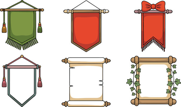 Medieval Banner & Scroll Vector Set  Hanging Frames with Wooden Holders