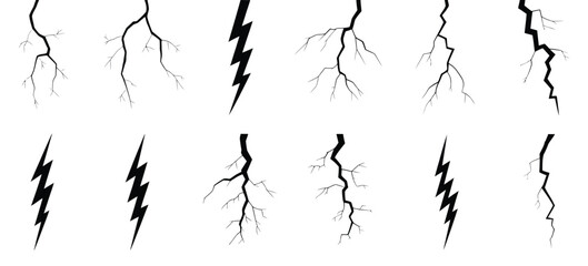 Fototapeta premium Thunderstorm and Lightning Bolt Silhouettes, Set of Weather Icons Ideal for Storm Illustrations, Electrical Concepts, Outdoor Design, and Creative Vector Applications.