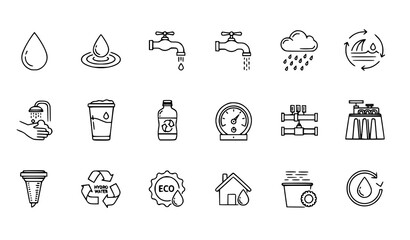 Modern Water Use and Conservation Line Icons Editable Vector