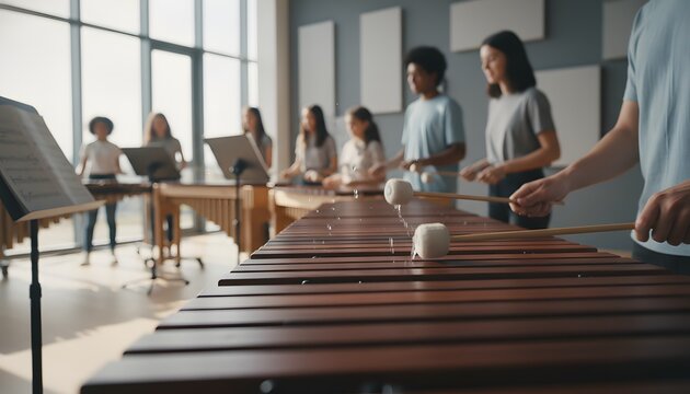 Young students focused on playing xylophones together in a bright modern music room for an educational orchestra concept