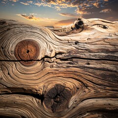 A close-up of weathered driftwood with a vibrant sunset background