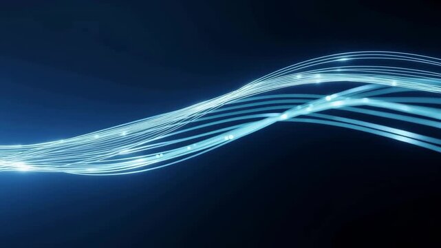 Smooth flowing light trails of glowing blue energy lines set against a deep dark background for corporate website headers.