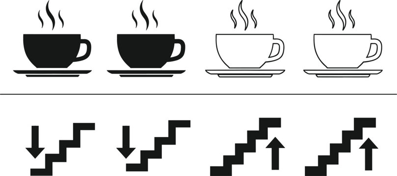 Coffee cup and stairs arrow icons set in solid and outline flat vector collection