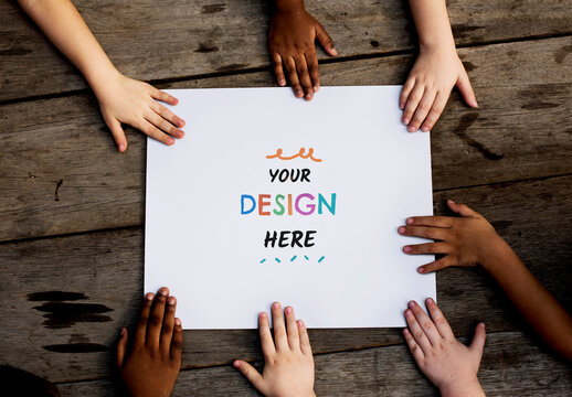 Diverse Hands Holding Blank Poster Mockup PSD