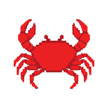 Pixel art illustration of a red crab on a white background