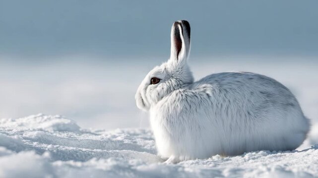 Arctic hare resting on snow during winter in its natural habitat