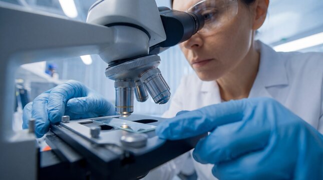 Female scientist analyzing samples under microscope