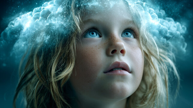 Child imagination fantasy cloud dream magic blue wonder Dreamy child imagination with magical cloud halo overhead, blue glowing fantasy sky vision
