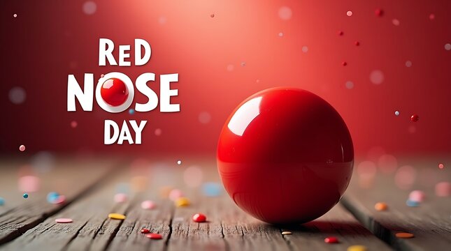 A vibrant red nose ball on a wooden surface with red nose day text