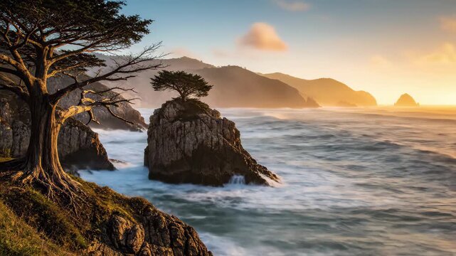 Dramatic coastal sunset with ancient cypress tree roots clinging to a cliff overlooking crashing ocean waves