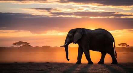 A majestic elephant walks gracefully across the vast, golden-lit savanna plains, beautifully silhouetted against a breathtaking and vibrant sunset sky