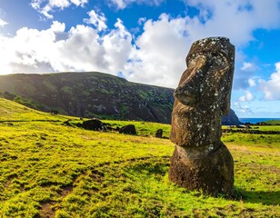 A large stone statue on a grassy plain with hills and a cloudy blue sky
