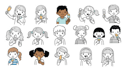 Diverse group of children enjoying popsicles and ice cream bars in various colors and flavors in a simple line art style.