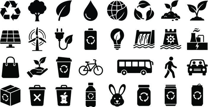 Ecology and sustainability icons in a comprehensive black silhouette vector set featuring renewable energy symbols, recycling signs, and environmental conservation graphics for modern designs.
