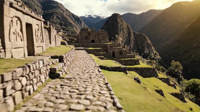 Ancient inca ruins of machu picchu with alpacas grazing on terraced hillsides under dramatic sunlight