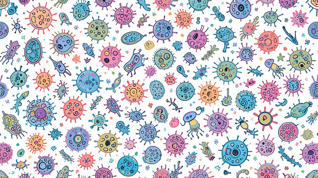 Seamless pattern with single cell microorganisms or microbiome on white background. Backdrop with germs, protists, microbes, protozoa, pathogens, bacteria, viruses. Flat cartoon vector illustration