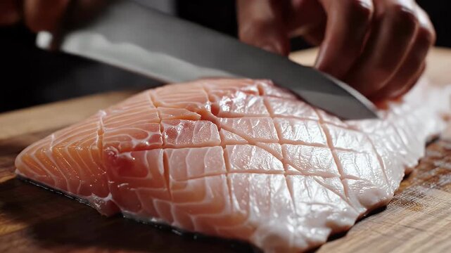 A chefs hand scores a diamond pattern into a fresh salmon fillet