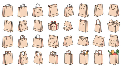 Large assortment of paper shopping bags, gift boxes, and grocery carriers in various shapes and orientations.