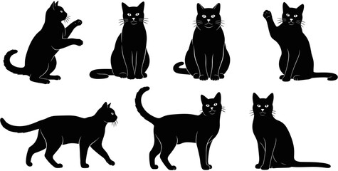 Black cat silhouettes vector illustration collection, domestic feline pets in various poses, walking sitting and standing animal icons, decorative kitten art. © Ahsan