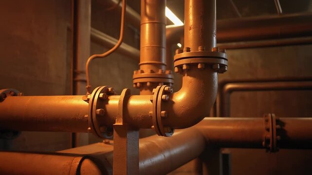Industrial pipes connected in a complex network within a mechanical facility viewed from a low angle.